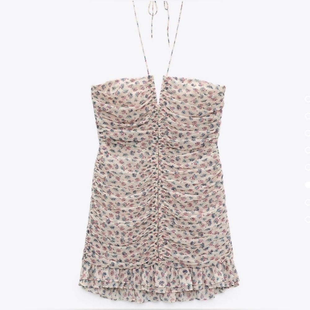 🆕 ZARA Metallic Thread Draped Ruched Floral Printed Halter Mini Dress M🆕 - Picture 5 of 16